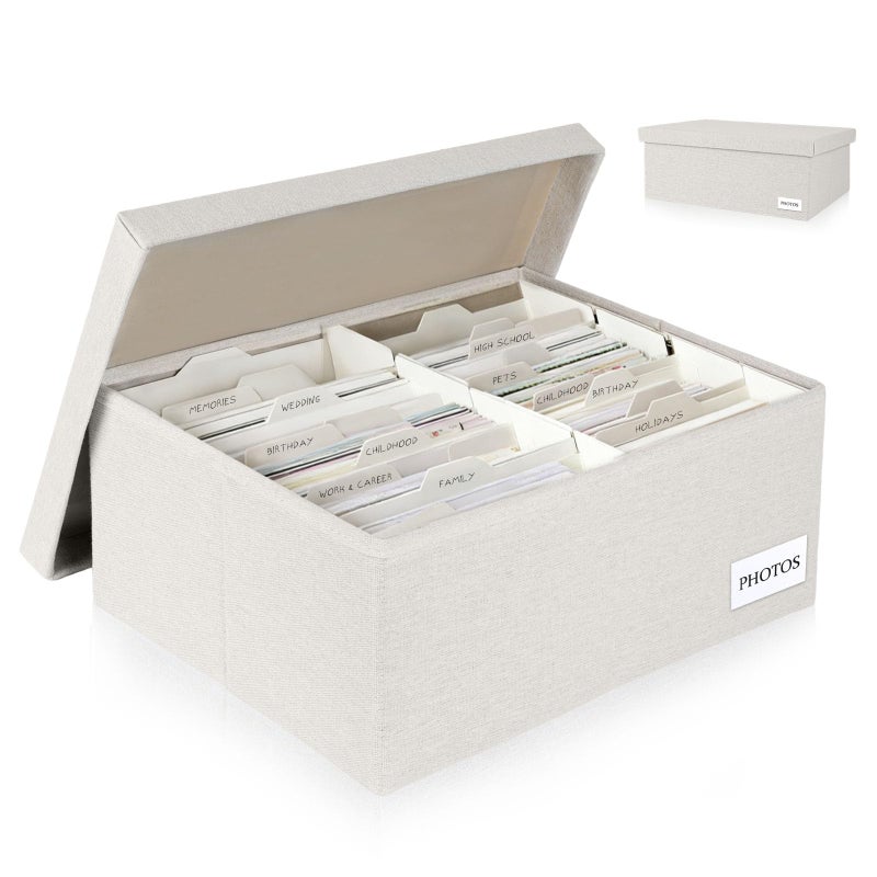 Himake Decorative Photo Storage Box - Linen Photo Box Organizers with Dividers, Fits Holds Up to 1700 Photos in 5x7 inch Size, Portable Scrapbook Storage Containers with Lid (Beige) - Image 1