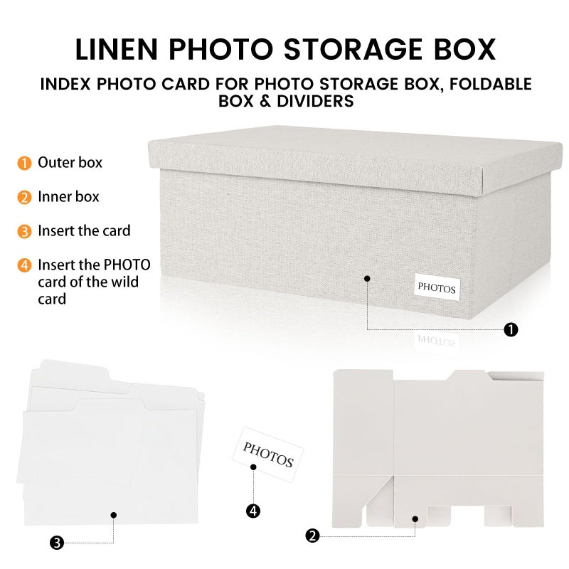 Himake Decorative Photo Storage Box - Linen Photo Box Organizers with Dividers, Fits Holds Up to 1700 Photos in 5x7 inch Size, Portable Scrapbook Storage Containers with Lid (Beige) - Image 3