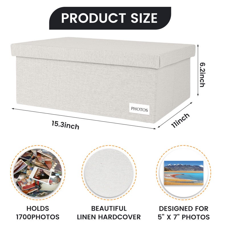 Himake Decorative Photo Storage Box - Linen Photo Box Organizers with Dividers, Fits Holds Up to 1700 Photos in 5x7 inch Size, Portable Scrapbook Storage Containers with Lid (Beige) - Image 2