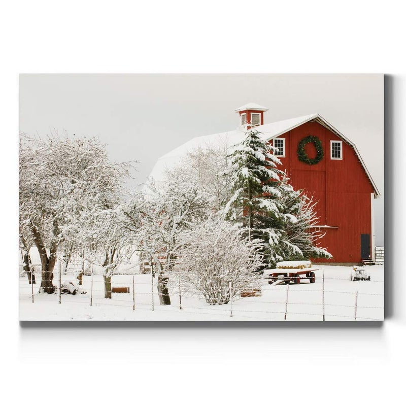 Renditions Gallery Canvas Nature Wall Art Home Paintings & Prints Snow Covered Covered Red Barn Modern Winter Festival Wall Hanging Decorations for Bedroom Office Kitchen - 8""x12"" LT20 - Image 1