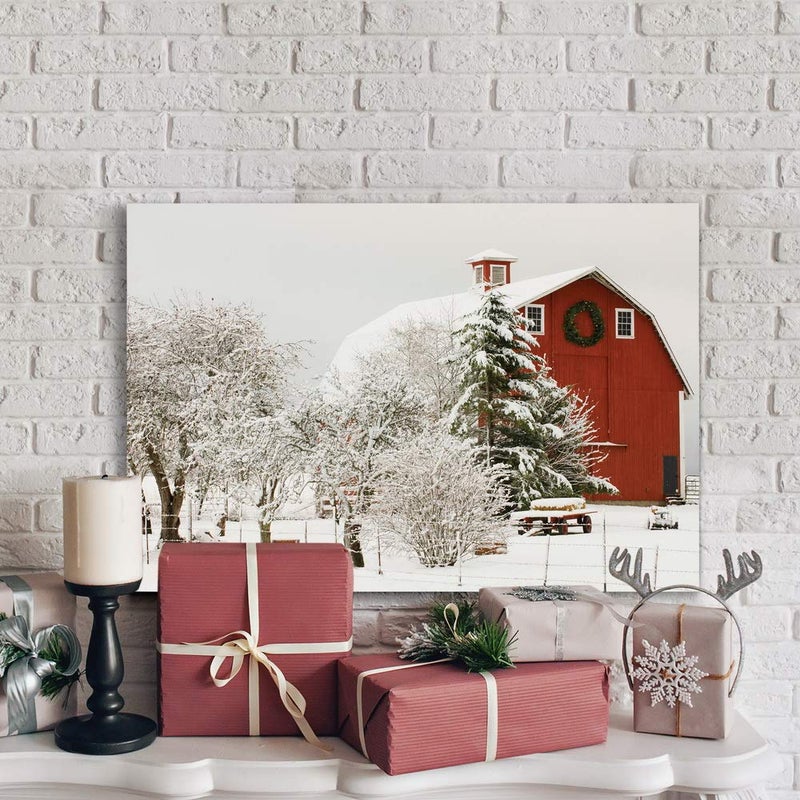 Renditions Gallery Canvas Nature Wall Art Home Paintings & Prints Snow Covered Covered Red Barn Modern Winter Festival Wall Hanging Decorations for Bedroom Office Kitchen - 8""x12"" LT20 - Image 3