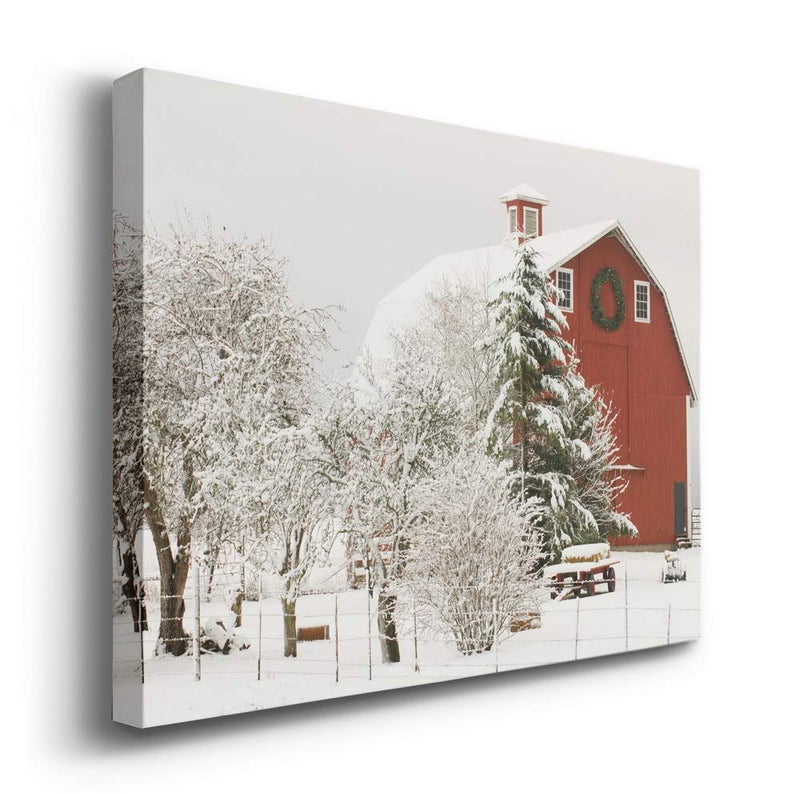 Renditions Gallery Canvas Nature Wall Art Home Paintings & Prints Snow Covered Covered Red Barn Modern Winter Festival Wall Hanging Decorations for Bedroom Office Kitchen - 8""x12"" LT20 - Image 2