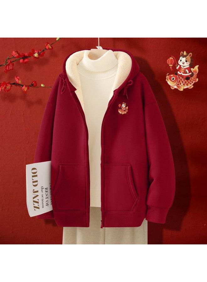 Flying in the snow Fleece Hoodie Women's 2026 Autumn Winter New Wine Red Zip-up Hooded Jacket - Image 2