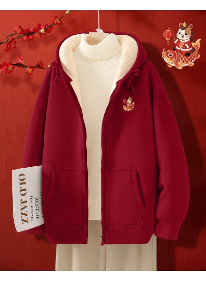 Flying in the snow Fleece Hoodie Women's 2026 Autumn Winter New Wine Red Zip-up Hooded Jacket - Image 1