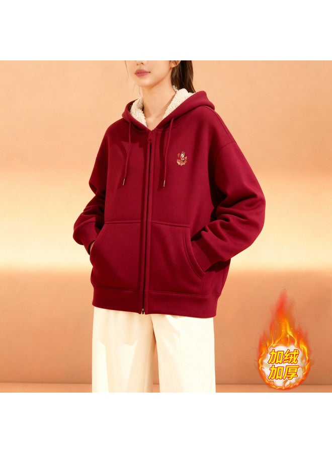 Flying in the snow Fleece Hoodie Women's 2026 Autumn Winter New Wine Red Zip-up Hooded Jacket - Image 4