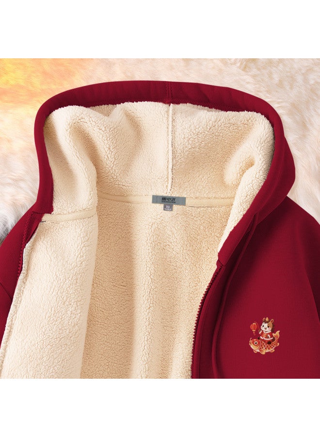 Flying in the snow Fleece Hoodie Women's 2026 Autumn Winter New Wine Red Zip-up Hooded Jacket - Image 5