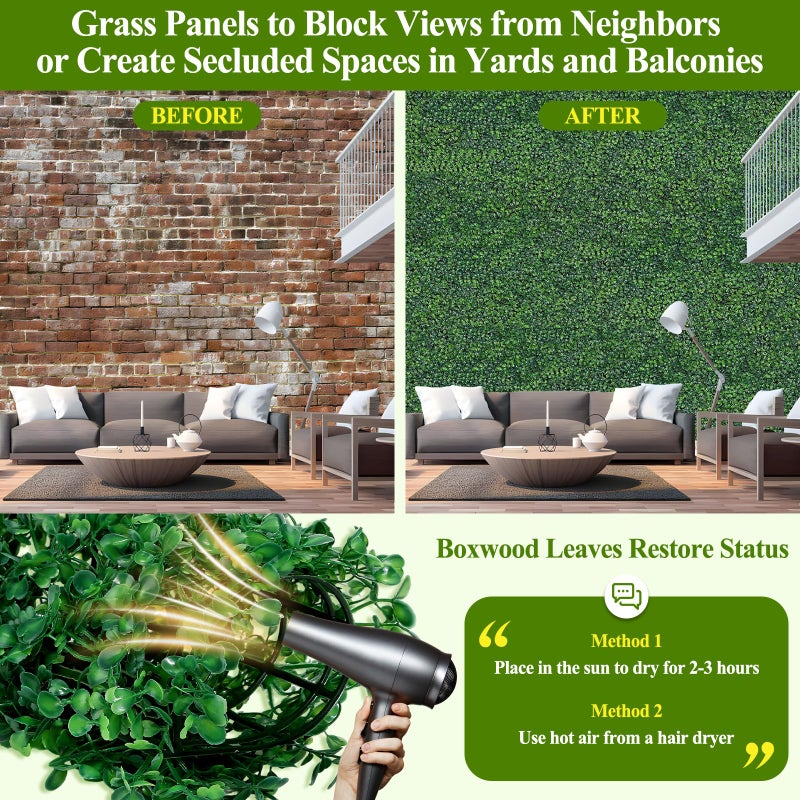 LifeisLuck 25Pcs Artificial Grass Wall Panels 10" X 10" Greenery Backdrop UV-Protected Faux Boxwood Panels 17.36 ftÂ² Fake Green Wall Privacy Screen for Outdoor Indoor Decor Party Wedding Garden Fence Decorations - Image 5