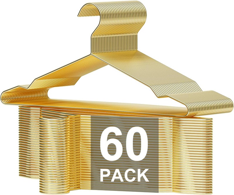SPECILITE Metal Hangers 60 Pack Heavy Duty, Strong Wire Clothes Hangers with Notches, Space Saving Hangers Bulk for Standard Size Coats, Shirts, Suits, Pants -Gold - Image 1