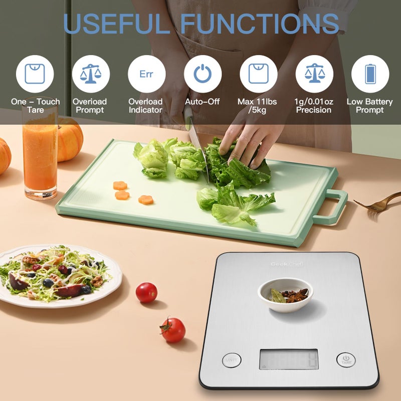 Geek Chef Food Scale,Smart Food Nutrition Scale, Scale for Food Weight Loss,Digital Kitchen Scales,Kitchen Tools for Baking, Cooking,Meal Prep,Weight Loss,1g/0.1oz Precise Graduation, Stainless Steel - Image 3