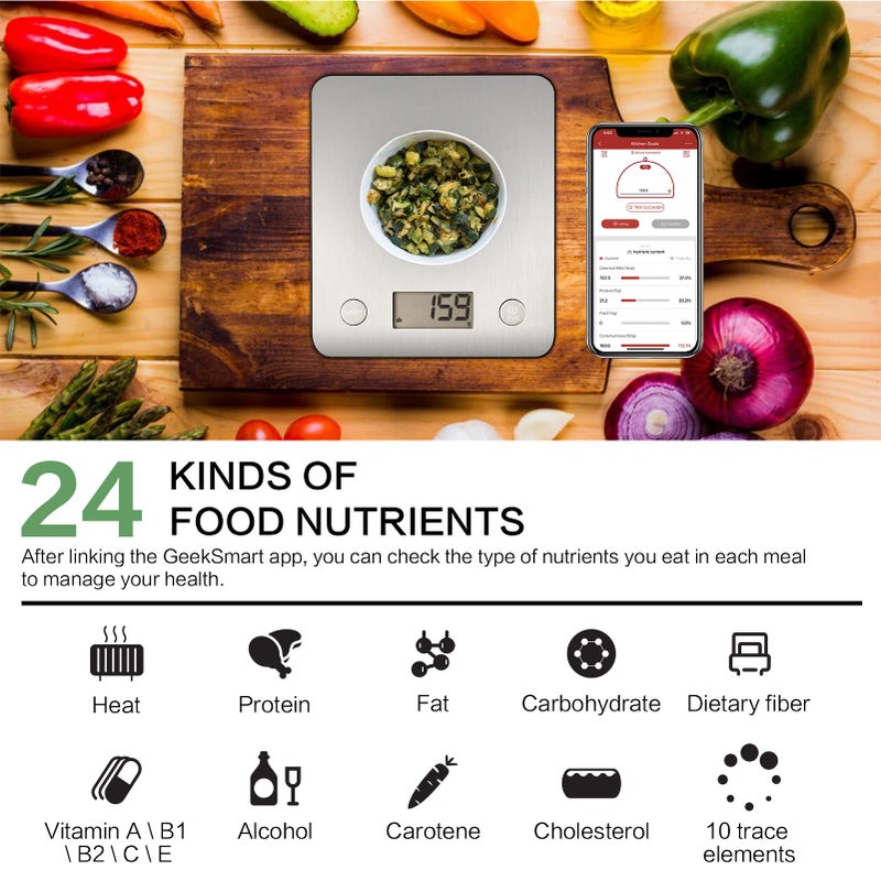 Geek Chef Food Scale,Smart Food Nutrition Scale, Scale for Food Weight Loss,Digital Kitchen Scales,Kitchen Tools for Baking, Cooking,Meal Prep,Weight Loss,1g/0.1oz Precise Graduation, Stainless Steel - Image 4