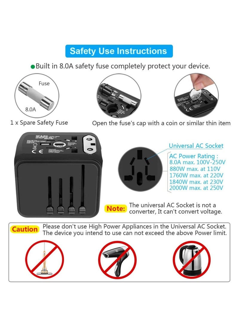 Universal International Travel Power Adapter W/High Speed 2.4A USB, 3.0A Type-C Wall Charger, European Adapter, Worldwide AC Outlet Plugs Adapters for Europe, UK, US - Image 5