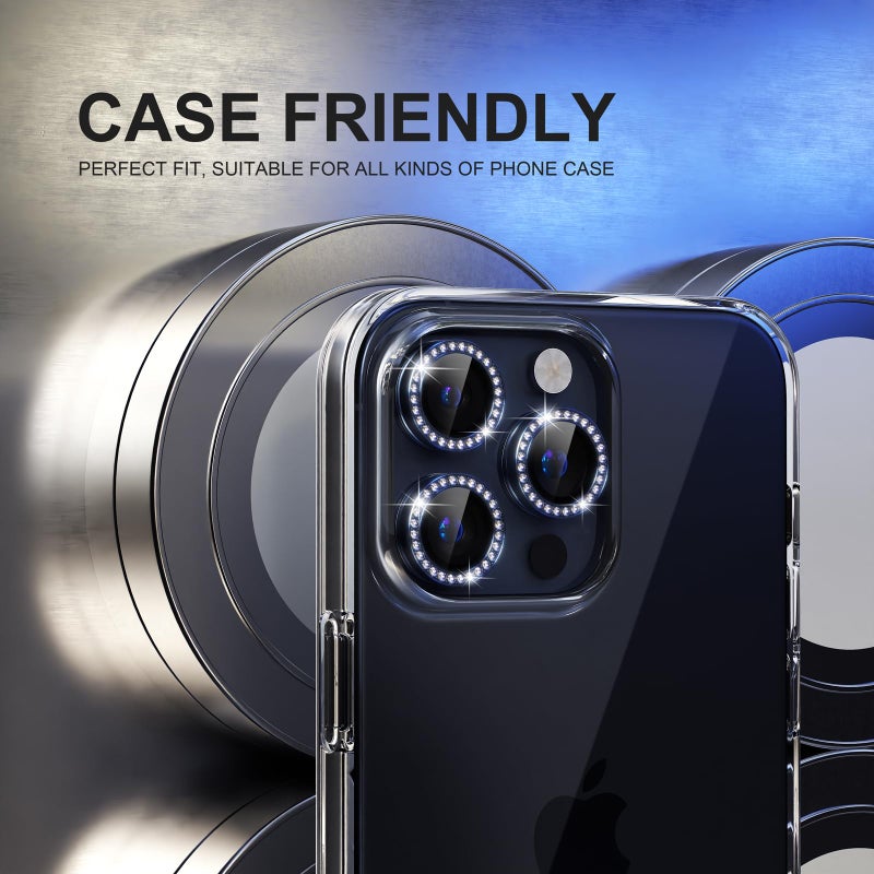 Choiche Compatible for iPhone 15 Pro/iPhone 15 Pro Max Camera Lens Protector Bling, 9H Tempered Glass Camera Cover Screen Protector Metal Ring Decoration Accessories (Diamond-Blue) - Image 4