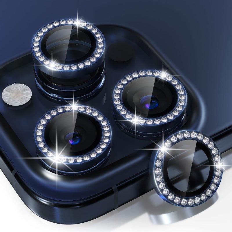 Choiche Compatible for iPhone 15 Pro/iPhone 15 Pro Max Camera Lens Protector Bling, 9H Tempered Glass Camera Cover Screen Protector Metal Ring Decoration Accessories (Diamond-Blue) - Image 1