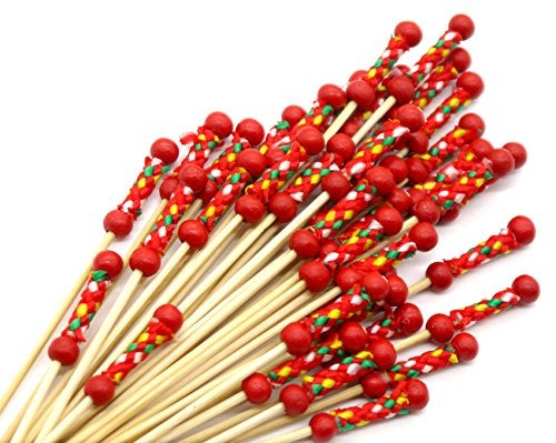 PuTwo Cocktail Picks Handmade Toothpicks 4.7” 100ct Red Beads with Rope - Image 5