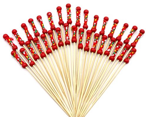 PuTwo Cocktail Picks Handmade Toothpicks 4.7” 100ct Red Beads with Rope - Image 1
