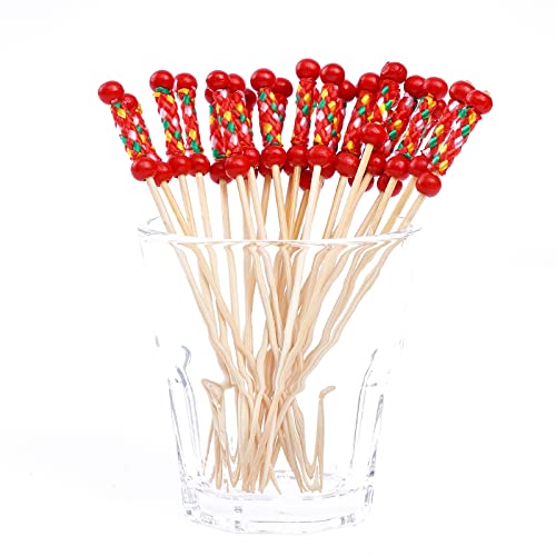 PuTwo Cocktail Picks Handmade Toothpicks 4.7” 100ct Red Beads with Rope - Image 4
