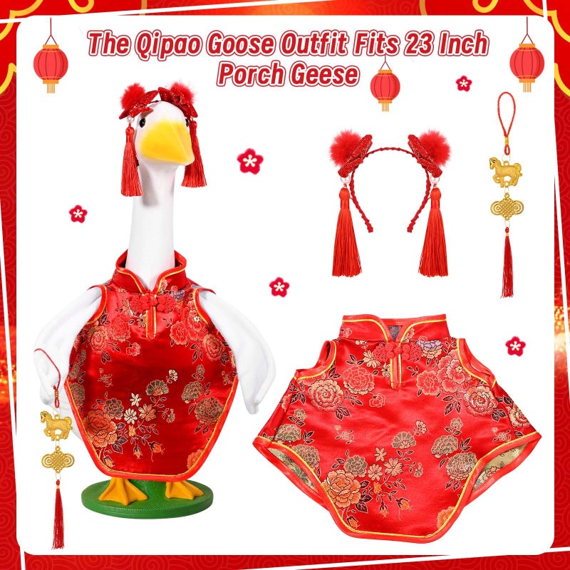 JcHrmers Chinese New Year Goose Outfit Qipao Goose Costume Fits 23" Cement Plastic Goose Statue Cheongsam Porch Geese Clothes for Outdoor Garden Lawn Patio Yard Decor (Classic) - Image 2