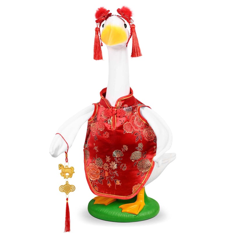 JcHrmers Chinese New Year Goose Outfit Qipao Goose Costume Fits 23" Cement Plastic Goose Statue Cheongsam Porch Geese Clothes for Outdoor Garden Lawn Patio Yard Decor (Classic) - Image 1