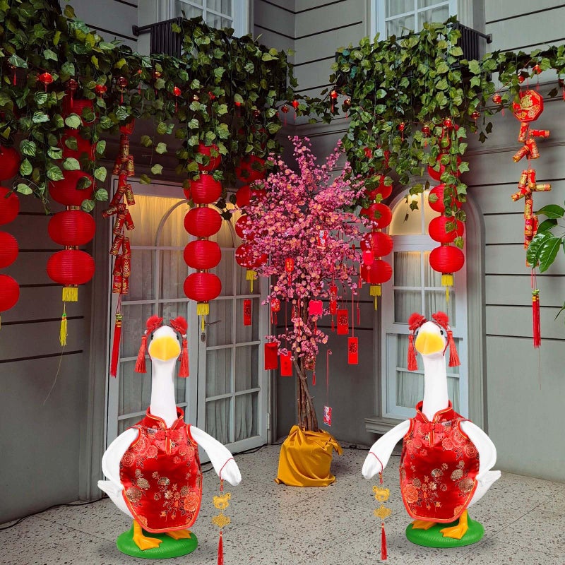 JcHrmers Chinese New Year Goose Outfit Qipao Goose Costume Fits 23" Cement Plastic Goose Statue Cheongsam Porch Geese Clothes for Outdoor Garden Lawn Patio Yard Decor (Classic) - Image 5