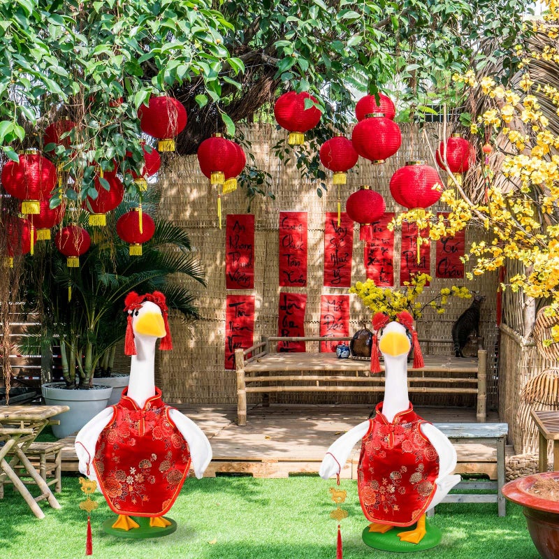 JcHrmers Chinese New Year Goose Outfit Qipao Goose Costume Fits 23" Cement Plastic Goose Statue Cheongsam Porch Geese Clothes for Outdoor Garden Lawn Patio Yard Decor (Classic) - Image 4