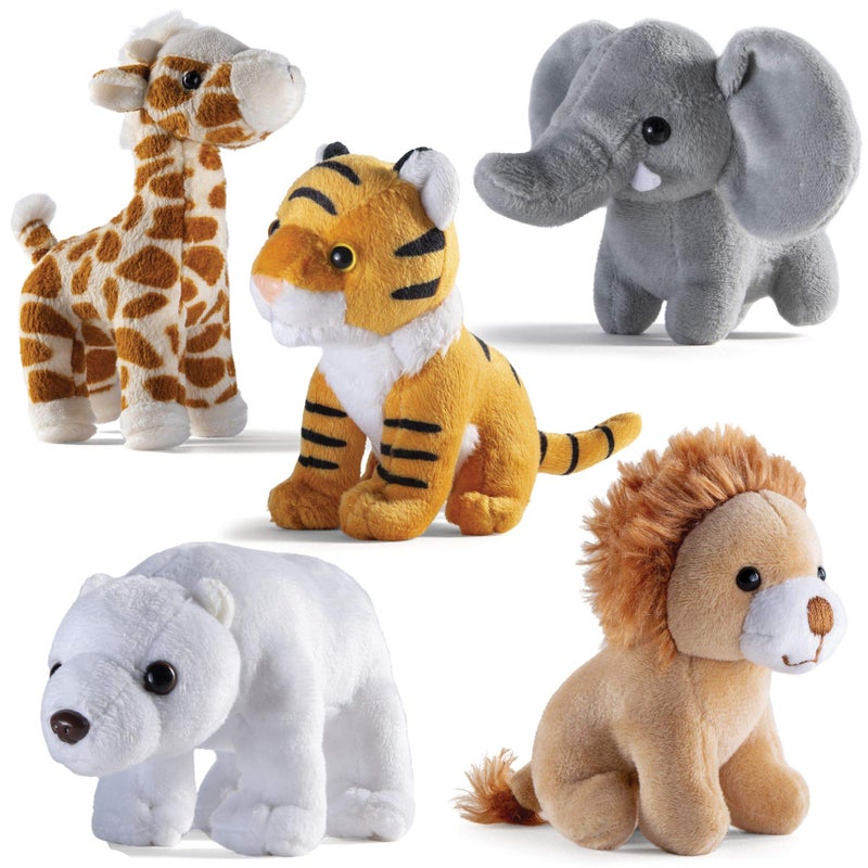 PREXTEX Safari Friends Stuffed Animal Gift Set - 5 Small Plush (Giraffe, Tiger, Lion, Polar Bear, Elephant) Zoo Animals - Machine Washable Stuffed Animals for Boys & Girls Ages 3-5+ - Image 1