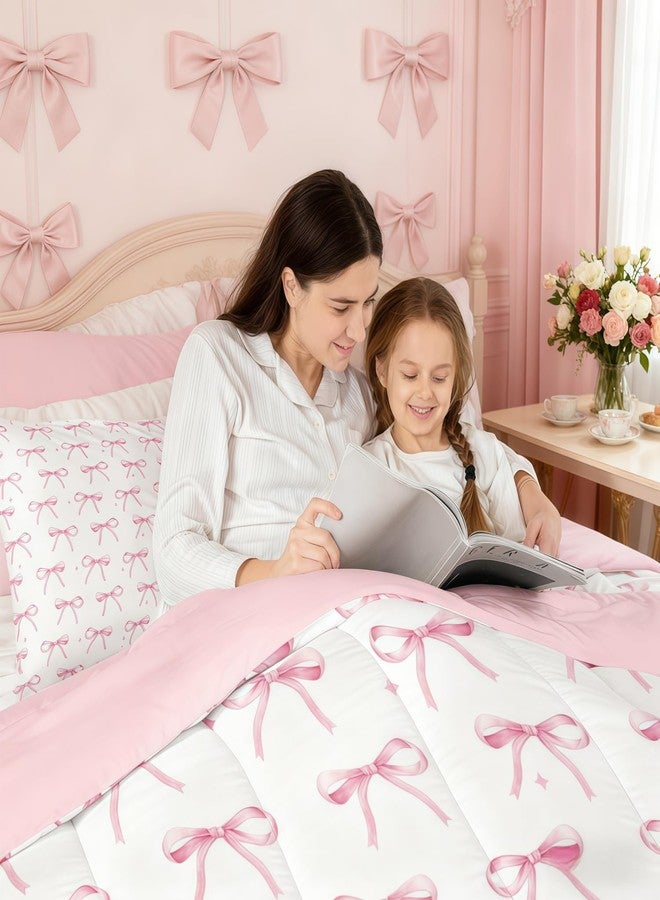 Erosebridal طقم لحاف للأطفال من إيروسبريدال، وردي اللون، مزين بفيونكة، مقاس توين، طقم لحاف بتصميم فيونكة كرتونية للبنات، طقم مفروشات بتصميم فيونكة فراشة أميرة، حشوة لحاف بتصميم فيونكة مائية للبنات، مزين بنجوم مرقعة، ديكور غرفة باللونين الأبيض والوردي - Image 4