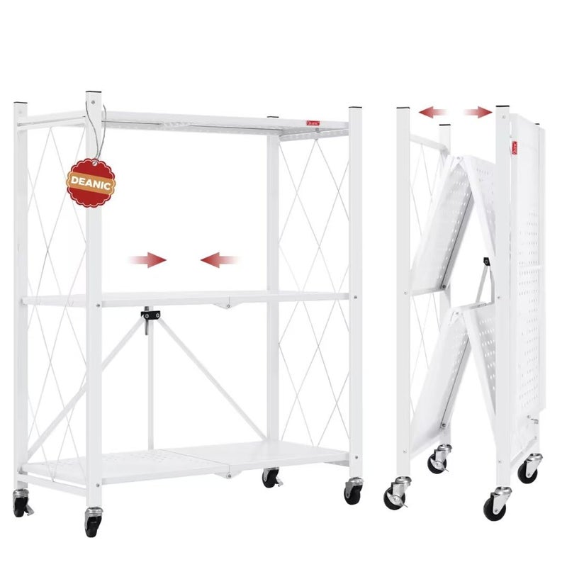 DEANIC 3 Tier Foldable Storage Shelves with Wheels Kitchen Appliance Stand Freestanding Metal Wire Shelf Rack No Assembly Organizer Rolling Cart for Garage Basement PantryWhite