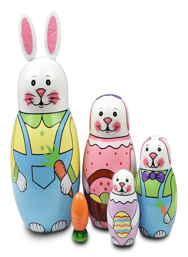 GRPSKCOS Easter Bunny Russian Nesting Dolls Toys for Kids, 5pcs Animal Rabbit Wooden Matryoshka Dolls, Handmade Easter Decoration Gifts(09 Rabbit) - Image 1