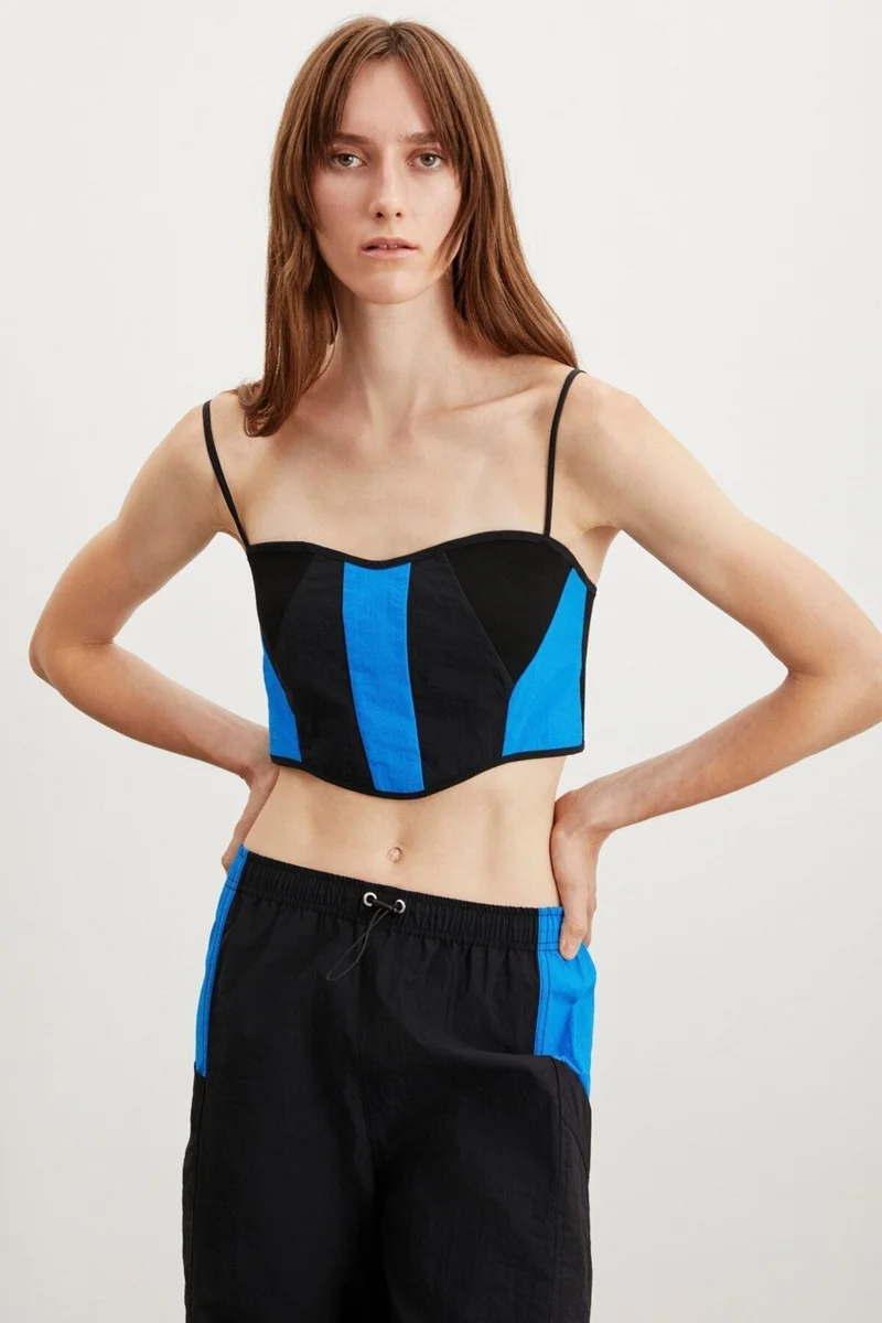 GRIMELANGE Colette Women's Parachute Fabric Rope Strap Block Color Zipper Detail Crop Black - Saxe Bustier