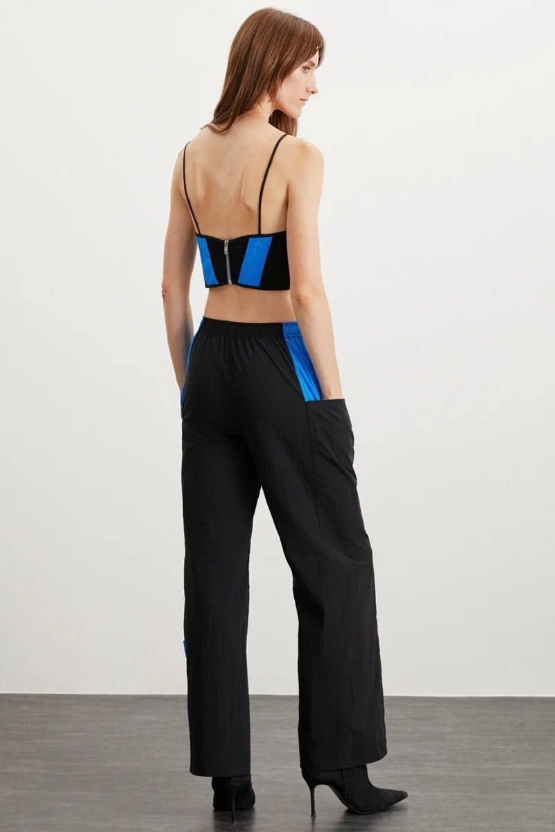 GRIMELANGE Colette Women's Parachute Fabric Rope Strap Block Color Zipper Detail Crop Black - Saxe Bustier