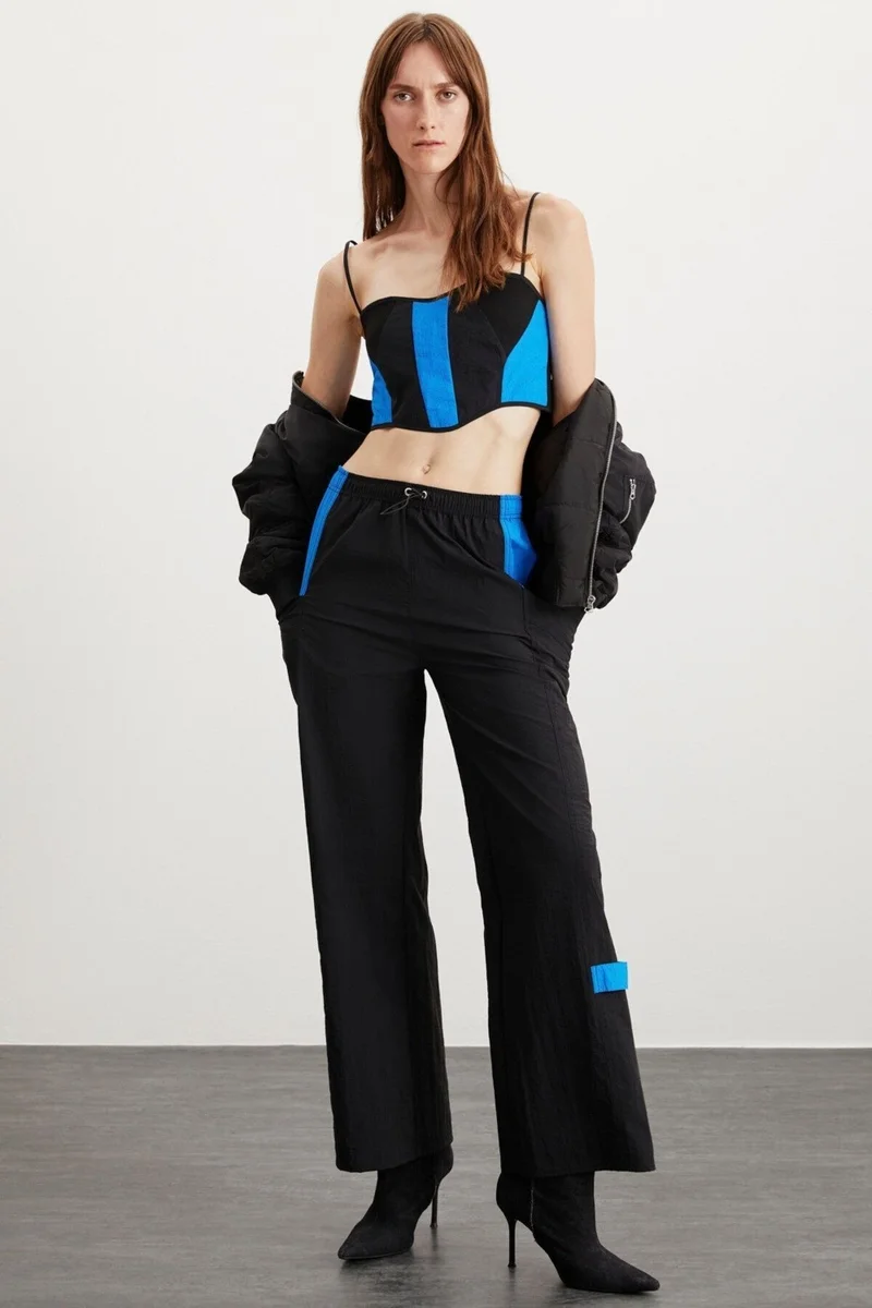 GRIMELANGE Colette Women's Parachute Fabric Rope Strap Block Color Zipper Detail Crop Black - Saxe Bustier
