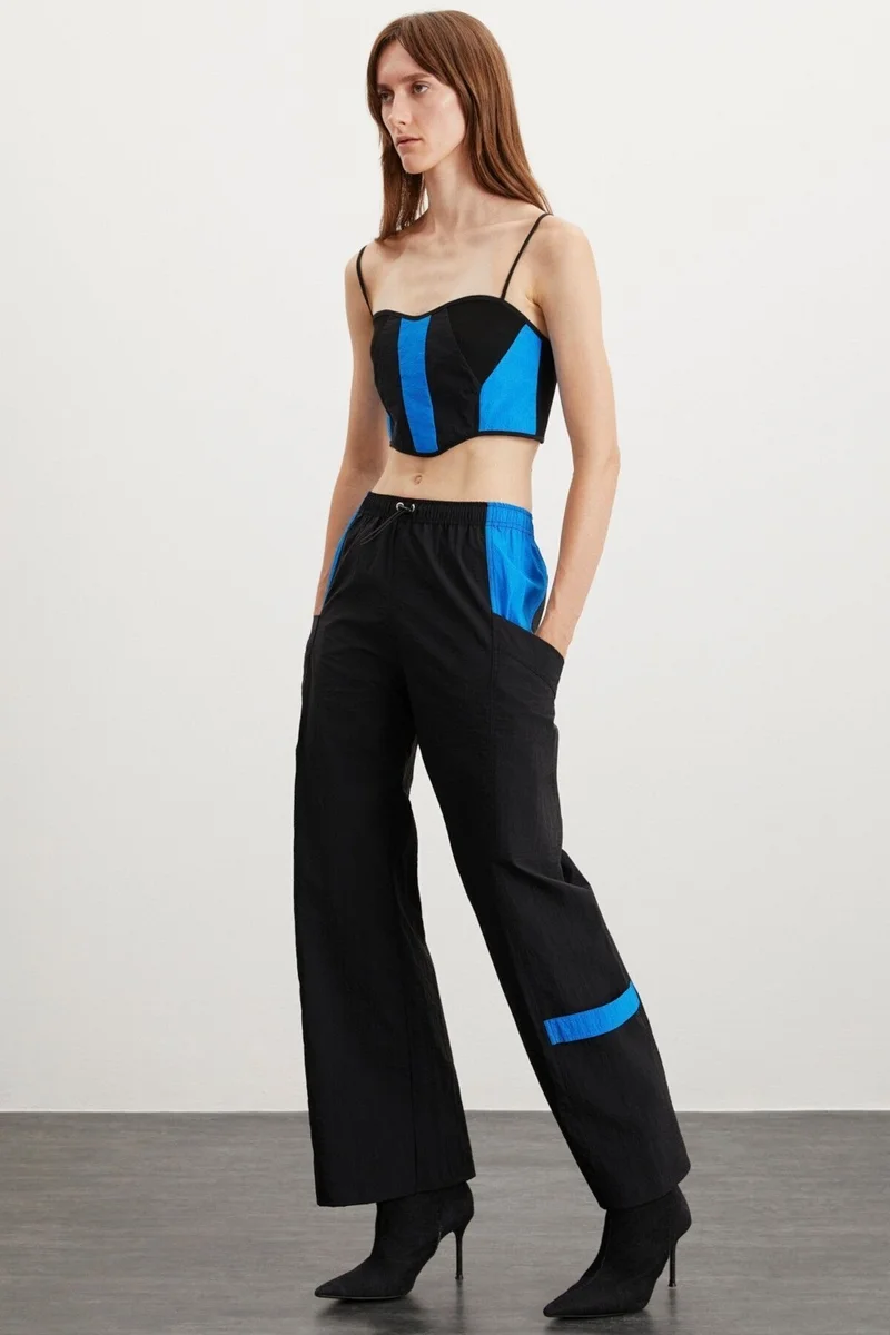 GRIMELANGE Colette Women's Parachute Fabric Rope Strap Block Color Zipper Detail Crop Black - Saxe Bustier