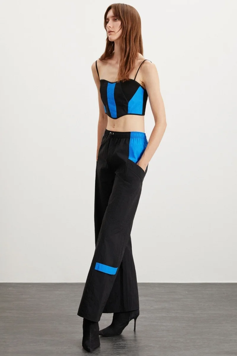 GRIMELANGE Colette Women's Parachute Fabric Rope Strap Block Color Zipper Detail Crop Black - Saxe Bustier