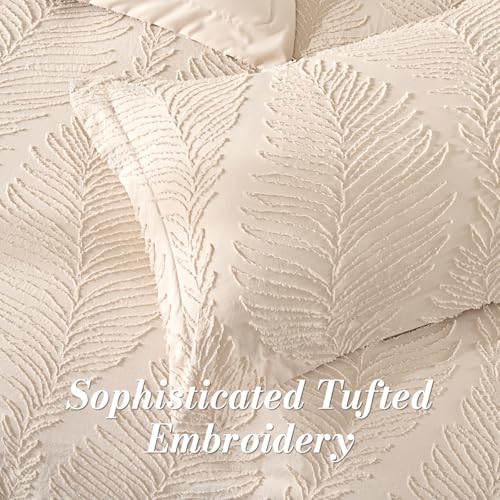 Jameswish 7 Pieces Tufted Boho Comforter Set Leaves Floral Khaki Farmhouse Shabby Chic Embroidered Bedding for All Seasons Queen Size with Comforter Sheets Pillowcases Shams - Image 2