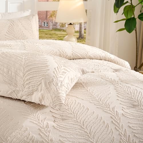 Jameswish 7 Pieces Tufted Boho Comforter Set Leaves Floral Khaki Farmhouse Shabby Chic Embroidered Bedding for All Seasons Queen Size with Comforter Sheets Pillowcases Shams - Image 5