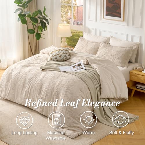 Jameswish 7 Pieces Tufted Boho Comforter Set Leaves Floral Khaki Farmhouse Shabby Chic Embroidered Bedding for All Seasons Queen Size with Comforter Sheets Pillowcases Shams - Image 3