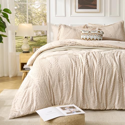 Jameswish 7 Pieces Tufted Boho Comforter Set Leaves Floral Khaki Farmhouse Shabby Chic Embroidered Bedding for All Seasons Queen Size with Comforter Sheets Pillowcases Shams - Image 1