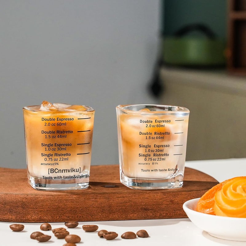 BCnmviku Espresso Shot Glasses Measuring Cup Liquid Heavy Glass for Baristas 2oz for Single Shot of Ristrettos (2 pack) - Image 2
