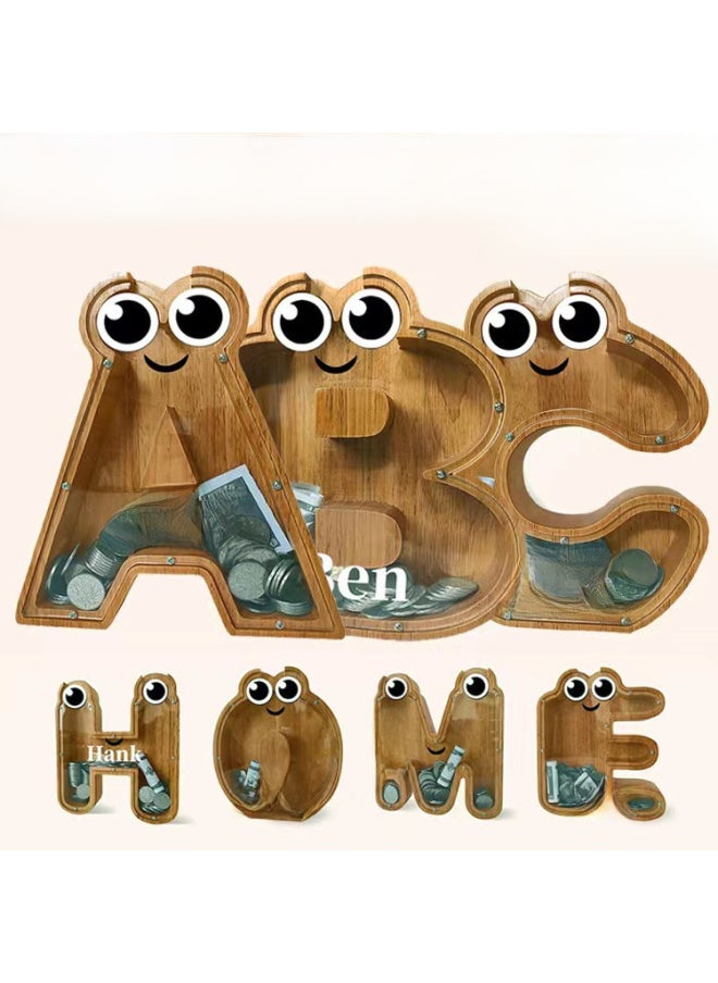Generic Large Letter Piggy Bank Piggy Bank Solid Wood Transparent Piggy Bank Children's Internet Celebrity Change Tank Storage Box Large Style-Color:W Charcoal Burn Color (Eyes)  - Image 1