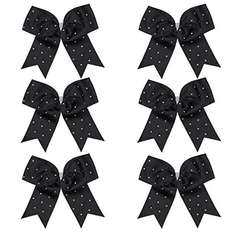 ICObuty 8 Inch Jumbo Cheerleader Bows with Bling Fling Rhinestones Ponytail Holder Cheerleading Bows Hair Tie 6 Pcs College (Black) - Image 1
