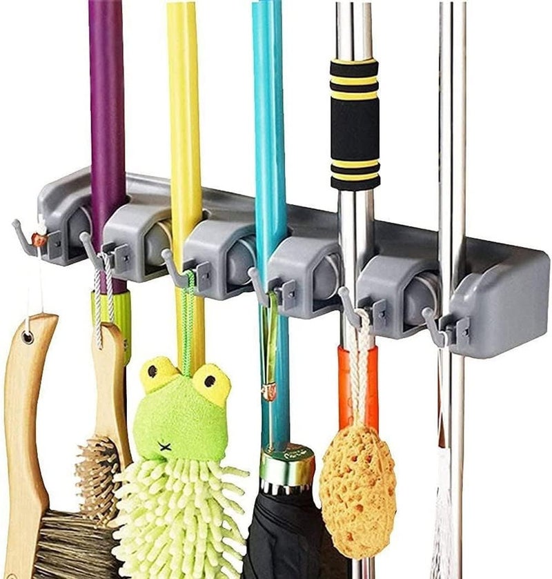 SKY-TOUCH 2Pcs Wall Mounted Mop and Broom Holder with 5 Positions and 6 Hooks - Image 4