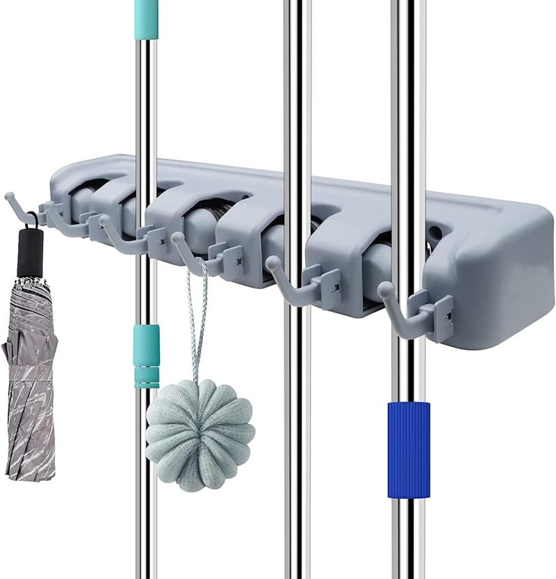 SKY-TOUCH 2Pcs Wall Mounted Mop and Broom Holder with 5 Positions and 6 Hooks - Image 2
