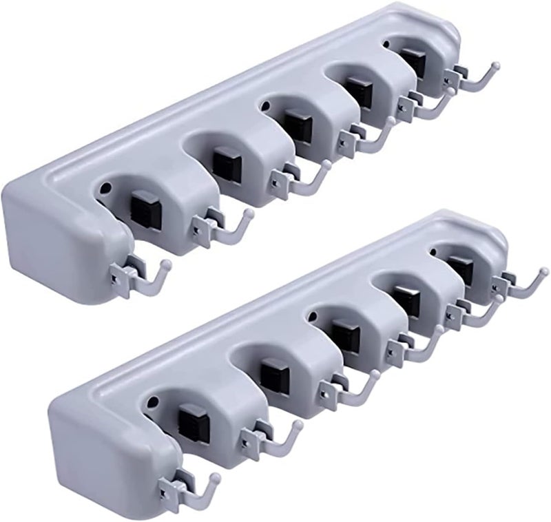SKY-TOUCH 2Pcs Wall Mounted Mop and Broom Holder with 5 Positions and 6 Hooks - Image 1