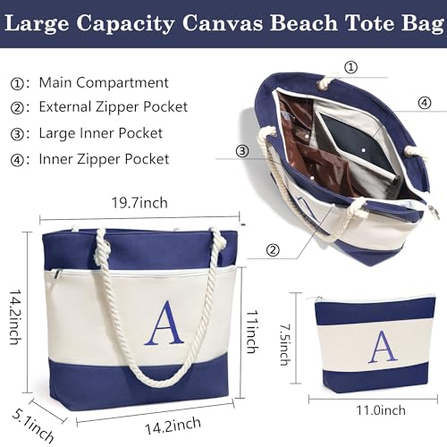 YOOLIFE Beach Gifts - Beach Bags for Women, Personalized Large Initial Canvas Tote Bag Waterproof Travel Essentials for Women Mom Girlfriend Teacher Sister Friend Wedding Gifts Idea Pool Bag Letter B - Image 3