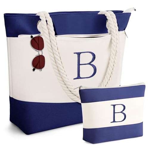 YOOLIFE Beach Gifts - Beach Bags for Women, Personalized Large Initial Canvas Tote Bag Waterproof Travel Essentials for Women Mom Girlfriend Teacher Sister Friend Wedding Gifts Idea Pool Bag Letter B - Image 1