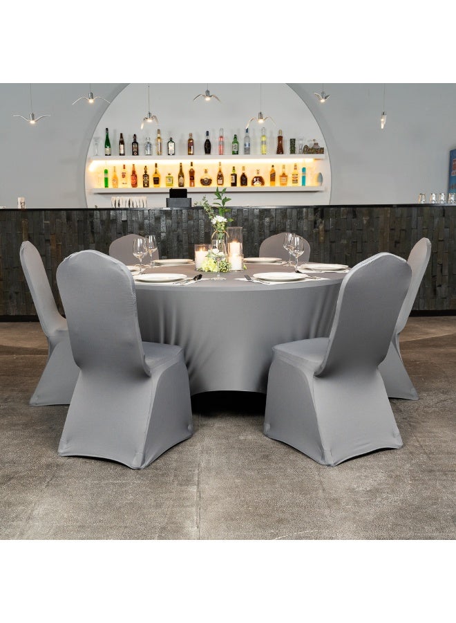 Restaurantware Table Tek 72 x 30 Inch Round Table Covers, 10 Washable Spandex Tablecloths - Wrinkle-Free, Durable, Charcoal Gray Polyester Fitted Tablecloths, For Parties, Banquets, or Weddings  - Image 3