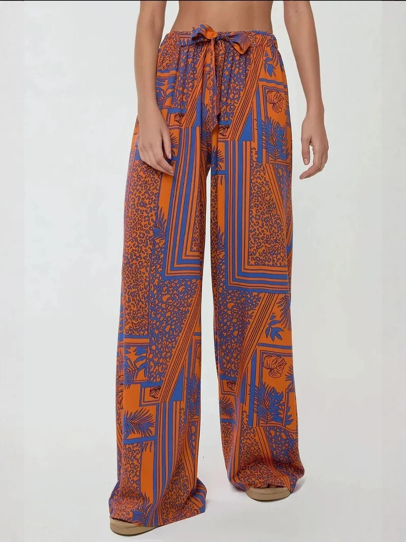 HICCUP Printed Wide Leg Pants with Drawstring