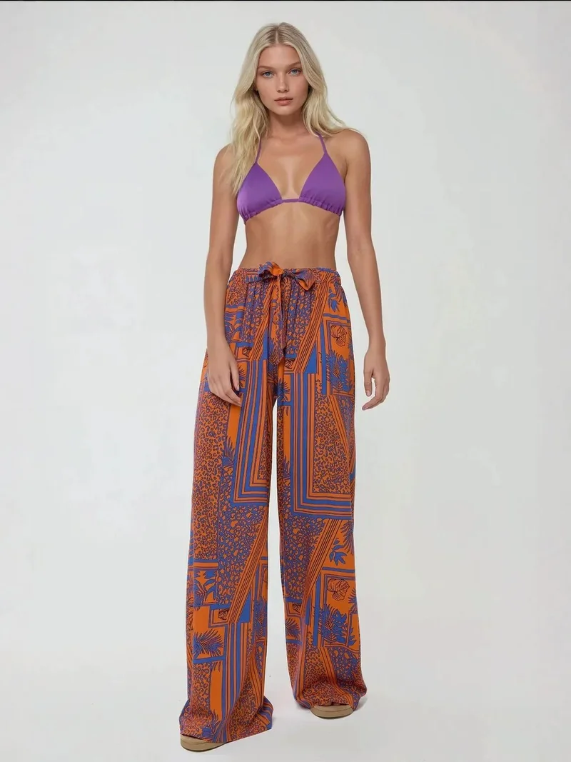 HICCUP Printed Wide Leg Pants with Drawstring