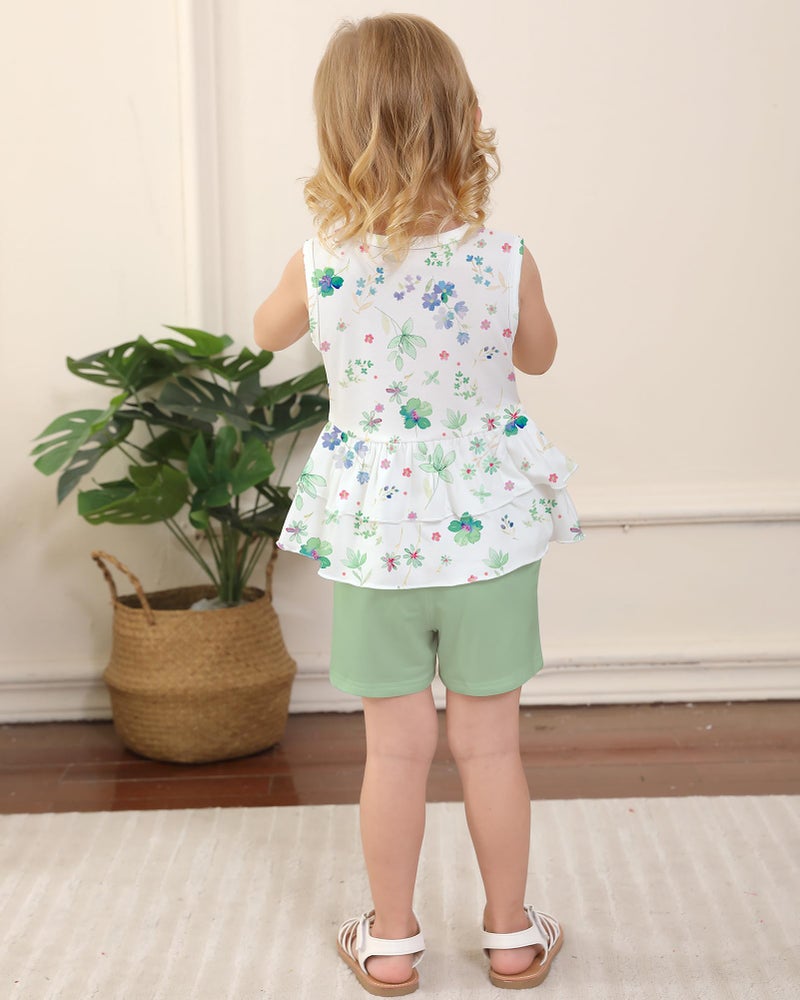 YUEMION Toddler Girl Clothes, 2Pcs Baby Girl Summer Outfits Sleeveless Bow Knot Tank Shirts Tops + Shorts Clothing Sets(Flowers+ Light green, 12-18 Months) - Image 4