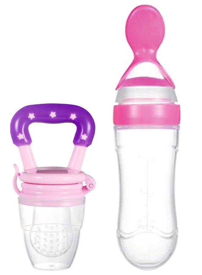 Roforuf Newborn Baby Feeding Bottle 90ML/Silicone Squeeze Feeding Spoon Milk 1 pc and Baby Food Feeder/Neebler/Pacifier 1 pc (Pink Pack of 2) - Image 1